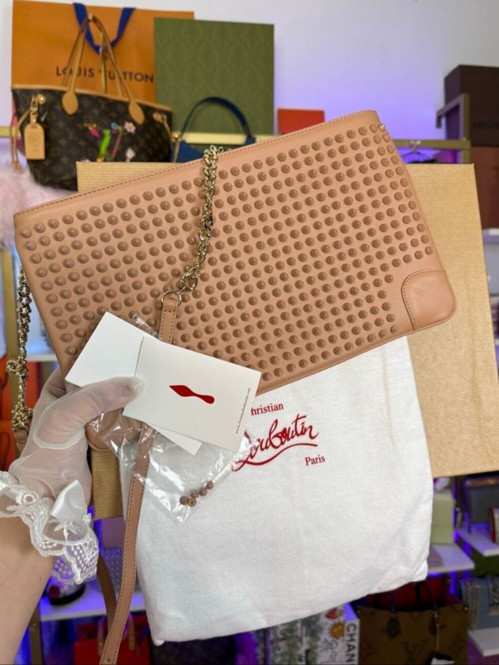 NIB Christian Louboutin Tan Studded Crossbody/Shoulder/Clutch 3 way Bag Full Set